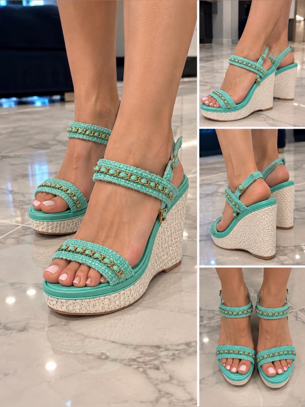 CHANEL Turquoise Braided Chain Wedge Sandals